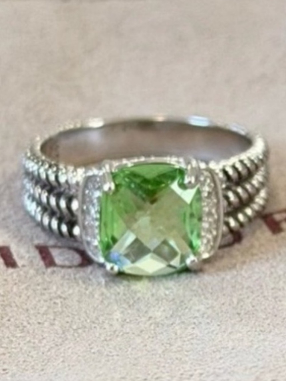 David Yurman Sterling Silver Petite Peridot & Diamond Wheaton Ring Size 6.5